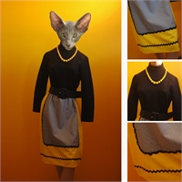 black/yellow 60's mod dress with "apron" and trimming