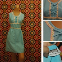 1970's light blue mini dress with trimmings and lacing